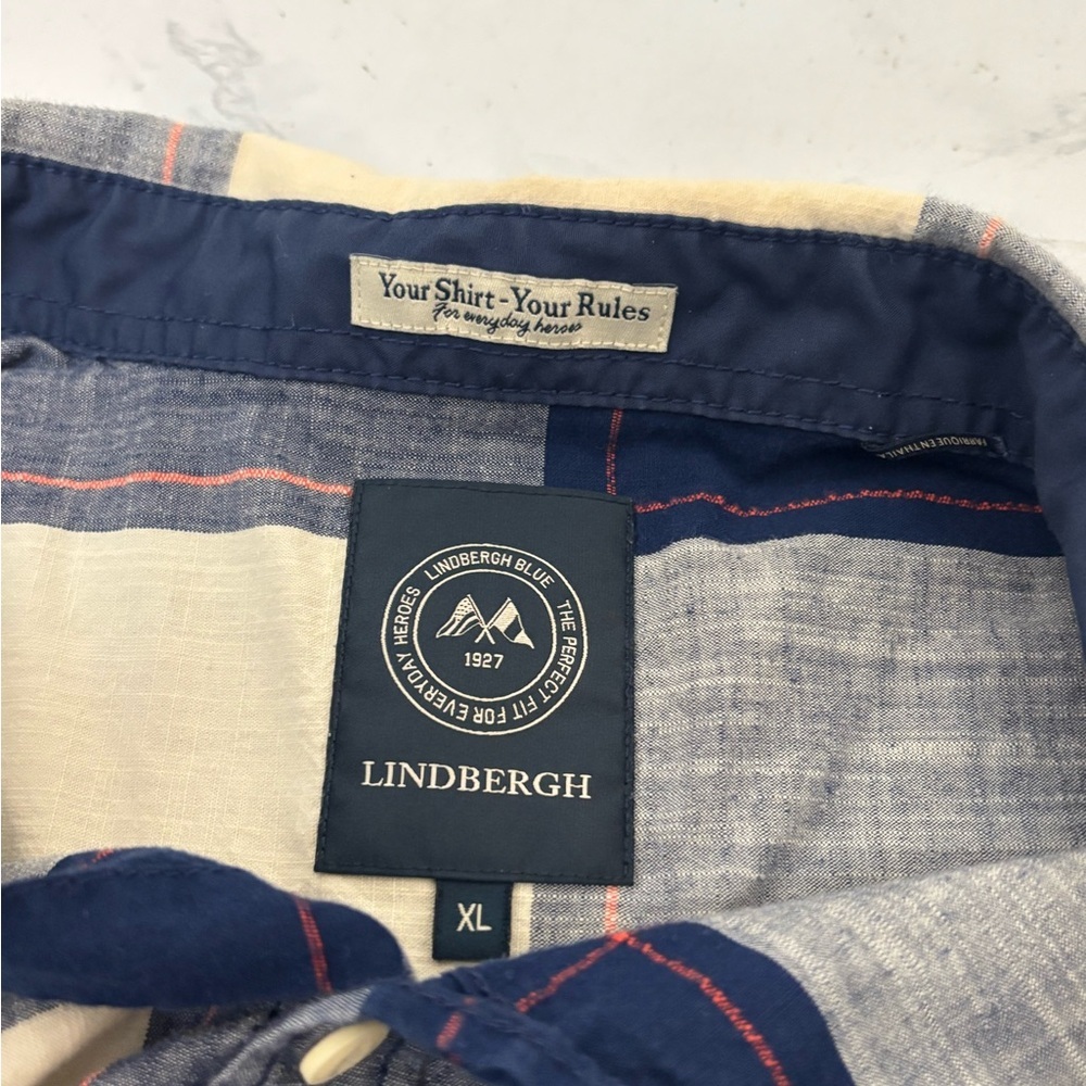 Lindbergh Men's Short Sleeve Button Shirt BLue Plaid XL Blue Beige Pocket​ - Picture 4 of 4